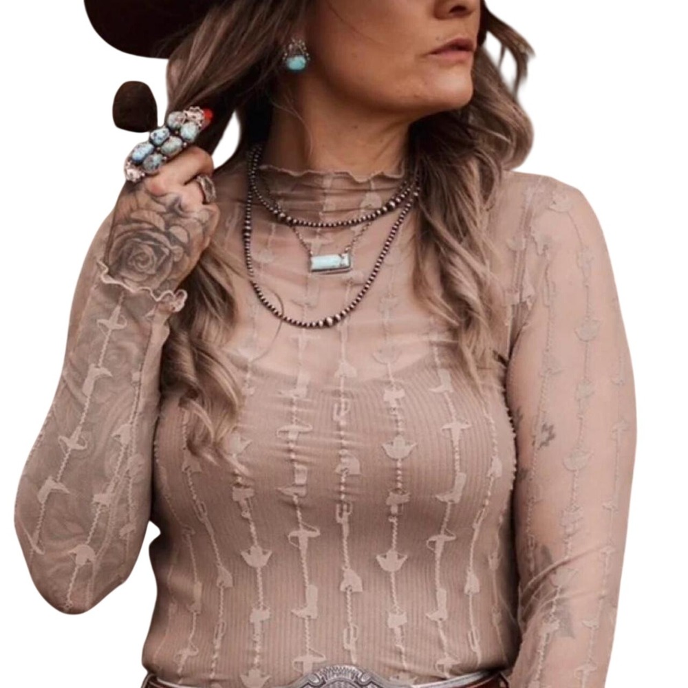 Dark Equestrian Burnout sheer Mock Neck Top Y2K Coastal Cowgirl Rodeo Festival - Picture 6 of 8
